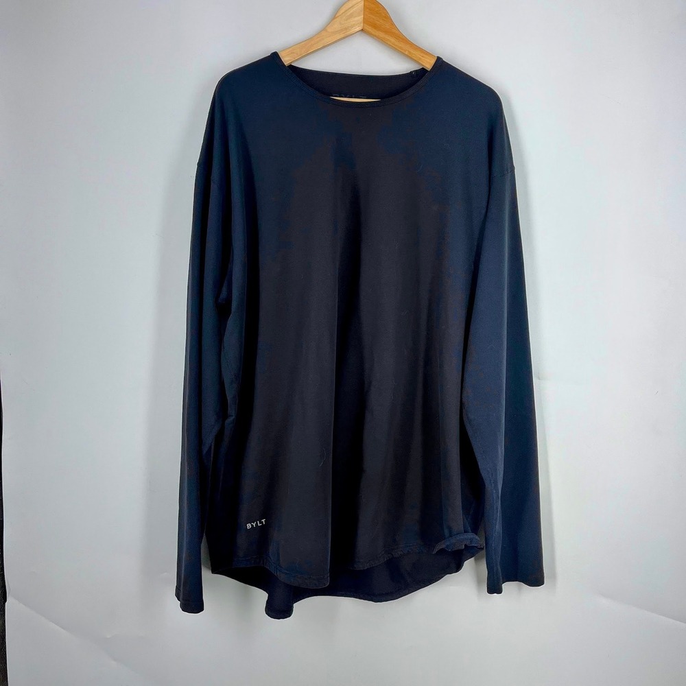 BYLT Basics Mens Drop Cut Long Sleeve Shirt Black Curved Hem Crew Neck Size XL
